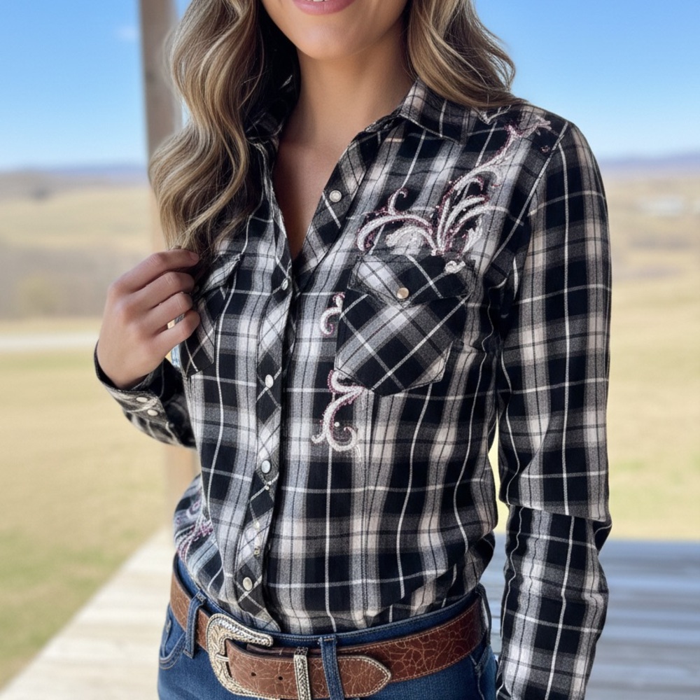 Panhandle Slim Western Shirt Black White Embroidery Crystals Large